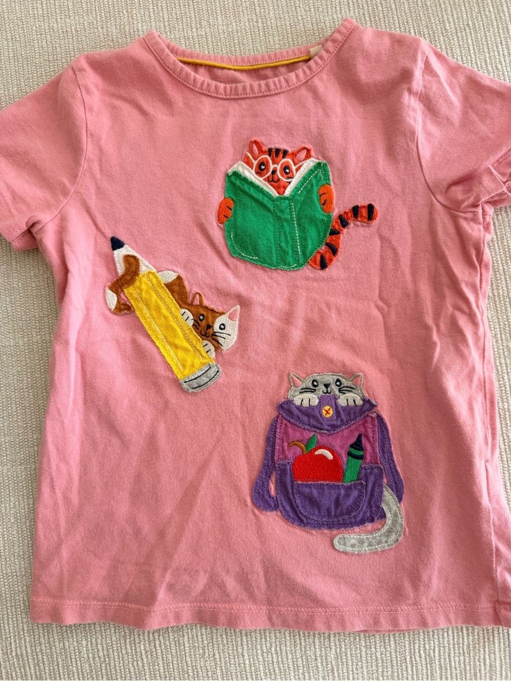 Mini Boden Pink Tee with Colorful Cat School Appliqués